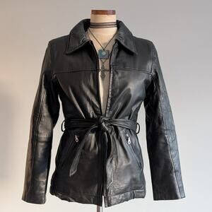 Vintage Black Genuine Leather Trench Coat Minimalist Goth Duster Jacket Small